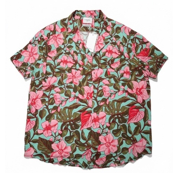 Goodfellow & Co Other - Goodfellow Co Mens Short Sleeve Button Up Shirt Aloha Floral Print Teal Pink XL